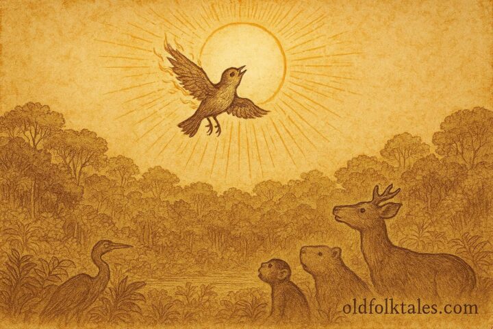 Parchment-style illustration of small bird lifting the sun, Amazonian folktale scene.