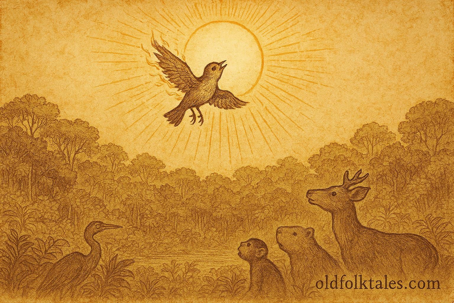 Parchment-style illustration of small bird lifting the sun, Amazonian folktale scene.