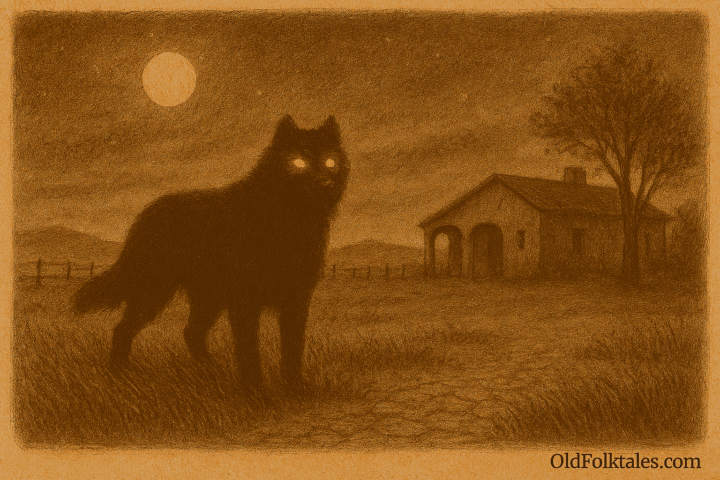 Sepia-toned illustration on aged parchment showing a massive black dog with a light-absorbing coat and glowing eyes standing silently in tall grass outside a rural estancia in Uruguay at night. The dog’s posture is alert and watchful. Moonlight stretches across the pampas, casting long shadows, while fence lines fade into the distance. A rustic farmhouse with a pitched roof and arched porch stands in the background. "OldFolktales.com" is inscribed at the bottom right.