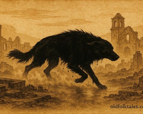 Parchment style artwork of phantom black dog in Ciudad Vieja, Guatemalan folktale.