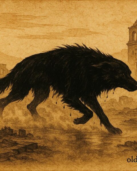 Parchment style artwork of phantom black dog in Ciudad Vieja, Guatemalan folktale.