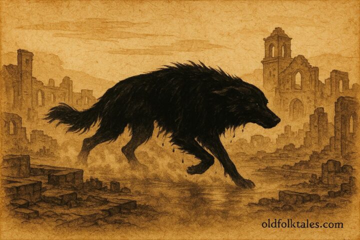 Parchment style artwork of phantom black dog in Ciudad Vieja, Guatemalan folktale.