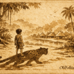 Parchment-style illustration of a boy transforming into a jaguar, Amazonian folktale scene.