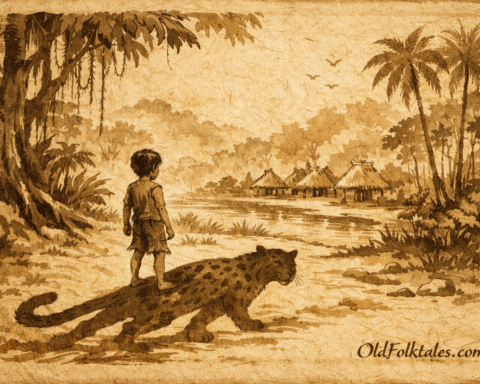 Parchment-style illustration of a boy transforming into a jaguar, Amazonian folktale scene.