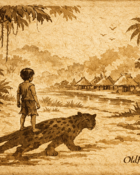 Parchment-style illustration of a boy transforming into a jaguar, Amazonian folktale scene.