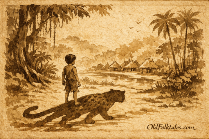 Parchment-style illustration of a boy transforming into a jaguar, Amazonian folktale scene.