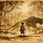 Parchment-style artwork of boy with jaguar shadow, Amazonian folktale scene.