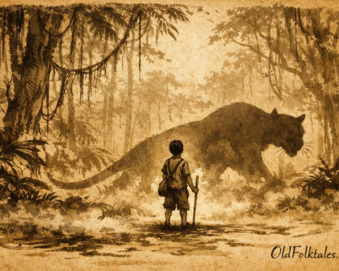 Parchment-style artwork of boy with jaguar shadow, Amazonian folktale scene.