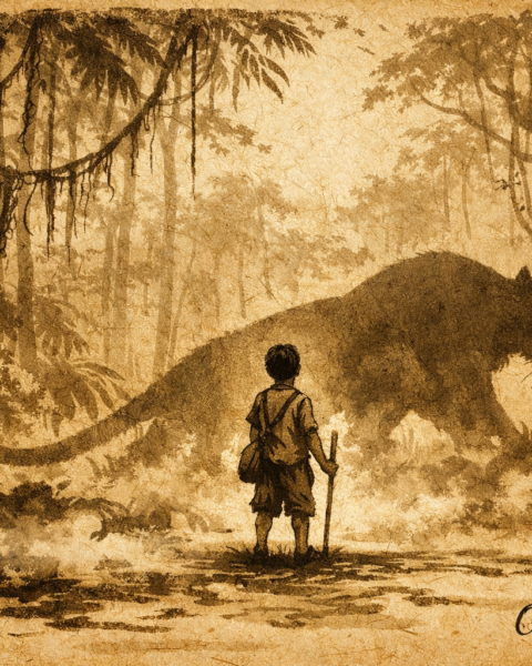 Parchment-style artwork of boy with jaguar shadow, Amazonian folktale scene.