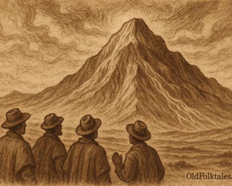 Sepia-toned landscape illustration on aged rice parchment depicting a Bolivian folktale. A towering mountain with carved ridges and flowing streams dominates the scene, rising from the high plateau of the Bolivian Altiplano. Four Andean men in traditional attire stand at its base, gazing upward in awe beneath a swirling, cloud-filled sky. The image evokes reverence and mythic grandeur. “OldFolktales.com” is inscribed at the bottom right corner.