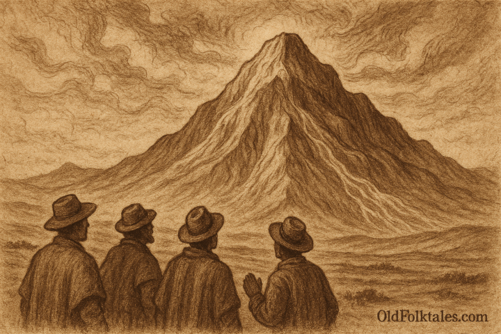 Sepia-toned landscape illustration on aged rice parchment depicting a Bolivian folktale. A towering mountain with carved ridges and flowing streams dominates the scene, rising from the high plateau of the Bolivian Altiplano. Four Andean men in traditional attire stand at its base, gazing upward in awe beneath a swirling, cloud-filled sky. The image evokes reverence and mythic grandeur. “OldFolktales.com” is inscribed at the bottom right corner.