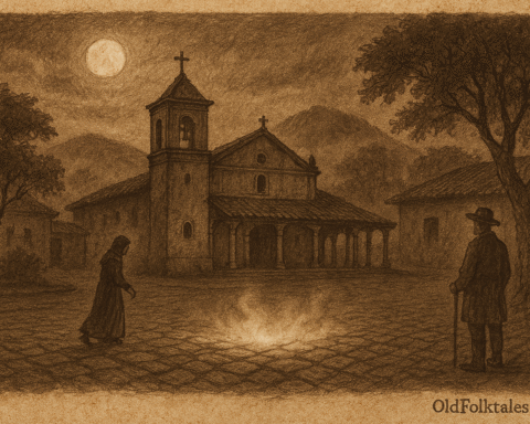 Sepia-toned illustration on aged parchment depicting a nighttime colonial plaza in Yaguarón, Paraguay. An old Franciscan church stands under a glowing full moon, surrounded by misty hills. Cobblestones in the foreground emit a subtle light, hinting at a buried bell beneath. A cloaked woman approaches the glow, while a man with a walking stick observes from the side. Trees frame the scene, and "OldFolktales.com" is inscribed at the bottom right.