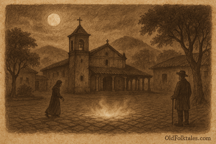 Sepia-toned illustration on aged parchment depicting a nighttime colonial plaza in Yaguarón, Paraguay. An old Franciscan church stands under a glowing full moon, surrounded by misty hills. Cobblestones in the foreground emit a subtle light, hinting at a buried bell beneath. A cloaked woman approaches the glow, while a man with a walking stick observes from the side. Trees frame the scene, and "OldFolktales.com" is inscribed at the bottom right.