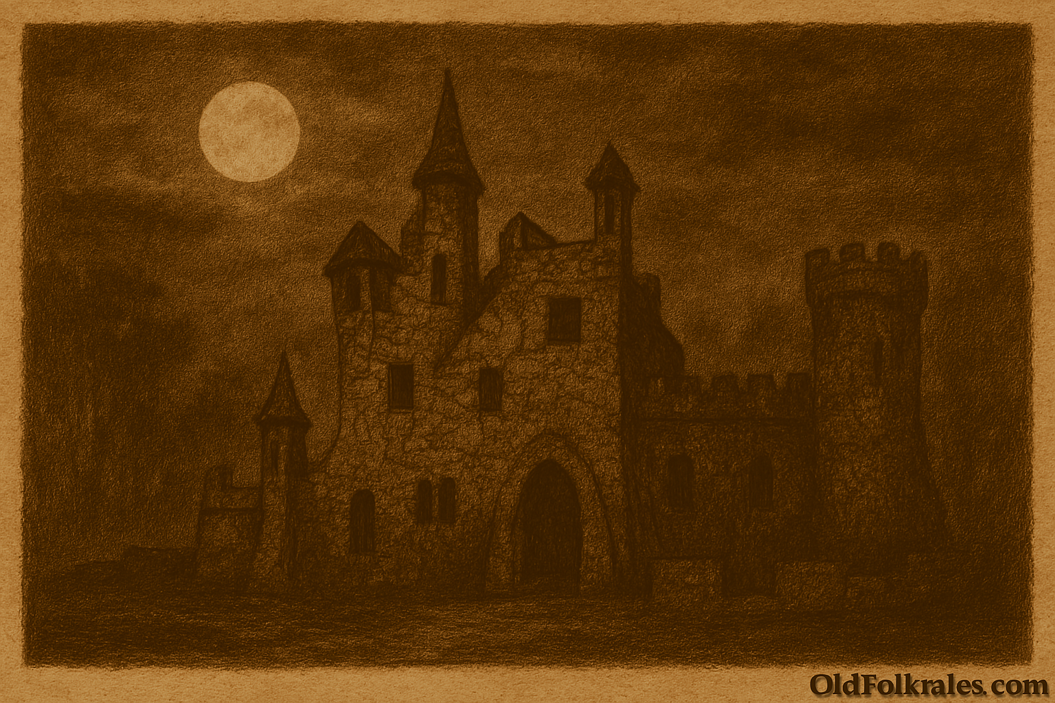 Sepia-toned illustration on aged parchment showing Castillo Pittamiglio in Montevideo at night under a dim moon. The castle’s uneven stone façade, strange towers, and dark windows cast deep shadows, evoking mystery and abandonment. The labyrinth-like structure looms against a cloudy sky, with “OldFolktales.com” inscribed in the bottom right corner.