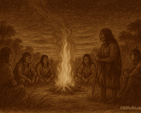 Sepia-toned folktale illustration on aged rice parchment showing a circle of Charrúa warriors gathered around a glowing campfire on the Uruguayan pampas at night. Wind bends the tall grasses beneath a vast, star-filled sky, and the firelight suggests the presence of an unseen guardian. “OldFolktales.com” is inscribed at the bottom right.