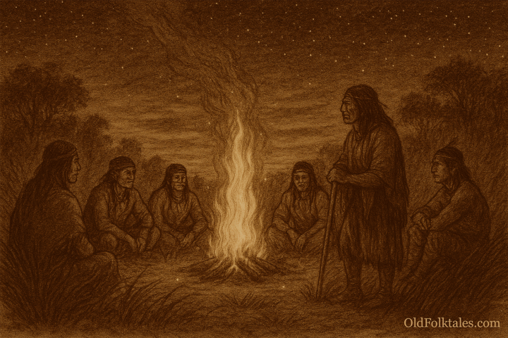 Sepia-toned folktale illustration on aged rice parchment showing a circle of Charrúa warriors gathered around a glowing campfire on the Uruguayan pampas at night. Wind bends the tall grasses beneath a vast, star-filled sky, and the firelight suggests the presence of an unseen guardian. “OldFolktales.com” is inscribed at the bottom right.