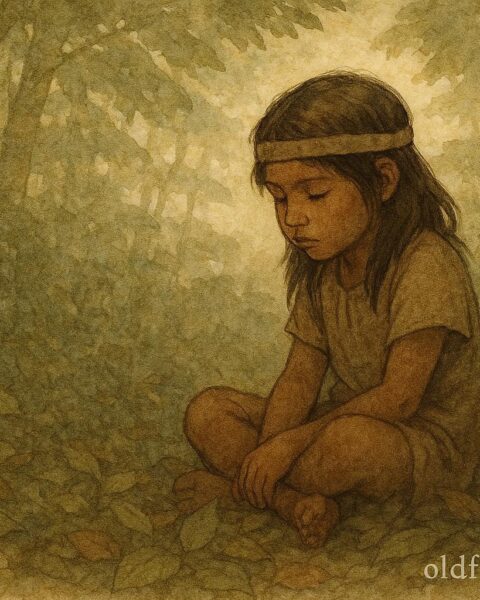 A child listening to forest leaves, Xavante Indigenous folktale from Brazil.