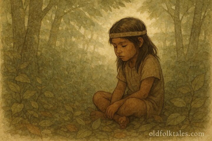A child listening to forest leaves, Xavante Indigenous folktale from Brazil.