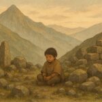 A child listening among mountain stones, Kallawaya Indigenous folktale, Bolivia.