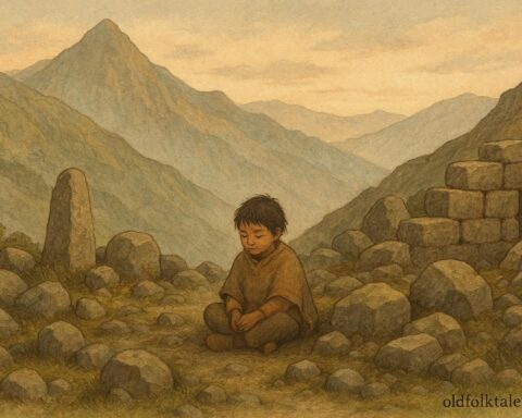 A child listening among mountain stones, Kallawaya Indigenous folktale, Bolivia.