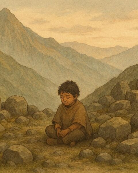 A child listening among mountain stones, Kallawaya Indigenous folktale, Bolivia.