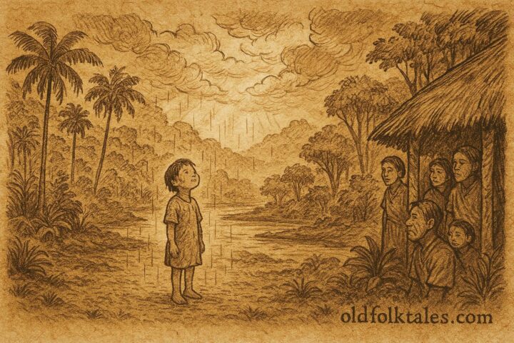Parchment-style artwork of a rain-born child in Amazon forest, Indigenous folktale.