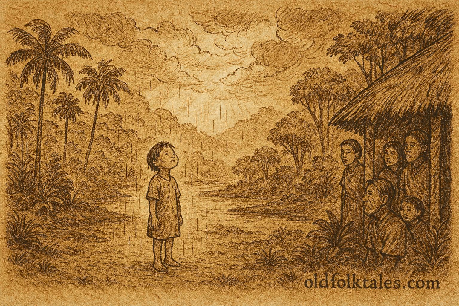 Parchment-style artwork of a rain-born child in Amazon forest, Indigenous folktale.