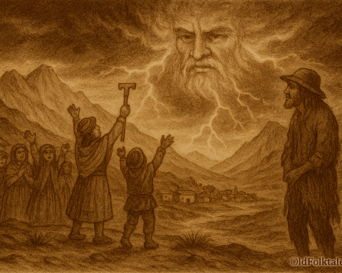 Sepia-toned illustration on aged rice parchment depicting a storm-darkened plateau in the Peruvian Andes. Three shepherd children raise their arms and wooden staffs toward a lightning-filled sky as thunder rolls overhead. Above them, a towering face formed of clouds and light reveals Illapa, the thunder god, moments before the children are lifted into the sky and transformed into stars. “OldFolktales.com” is inscribed in the bottom right corner.