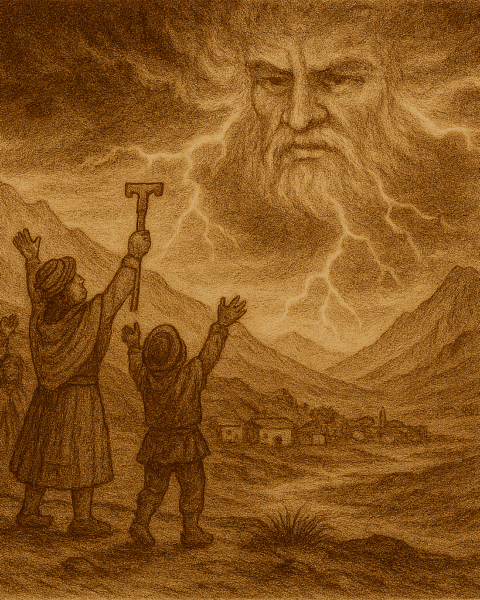 Sepia-toned illustration on aged rice parchment depicting a storm-darkened plateau in the Peruvian Andes. Three shepherd children raise their arms and wooden staffs toward a lightning-filled sky as thunder rolls overhead. Above them, a towering face formed of clouds and light reveals Illapa, the thunder god, moments before the children are lifted into the sky and transformed into stars. “OldFolktales.com” is inscribed in the bottom right corner.