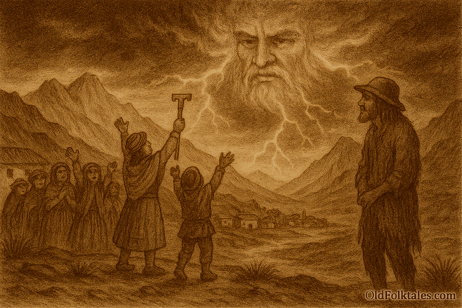 Sepia-toned illustration on aged rice parchment depicting a storm-darkened plateau in the Peruvian Andes. Three shepherd children raise their arms and wooden staffs toward a lightning-filled sky as thunder rolls overhead. Above them, a towering face formed of clouds and light reveals Illapa, the thunder god, moments before the children are lifted into the sky and transformed into stars. “OldFolktales.com” is inscribed in the bottom right corner.