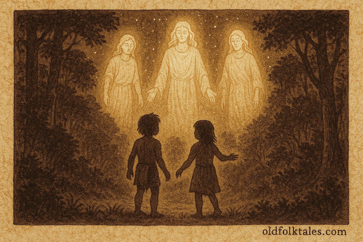 Parchment-style illustration of glowing ancestors guiding lost children, Amazonian folktale scene.