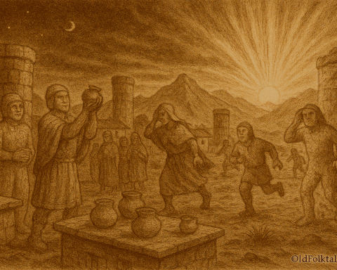 Sepia-toned illustration on aged rice parchment depicting ancient chullpa people on the Bolivian Altiplano tending stone cooking vessels atop flat-roofed buildings under a fading moon. As the first sunrise erupts on the horizon, blinding golden light turns the moon-people, their pots, and half-cooked food into stone. Burial towers and frozen figures are scattered across the plain, with distant mountains bathed in dawn light. “OldFolktales.com” is inscribed in the bottom right corner.