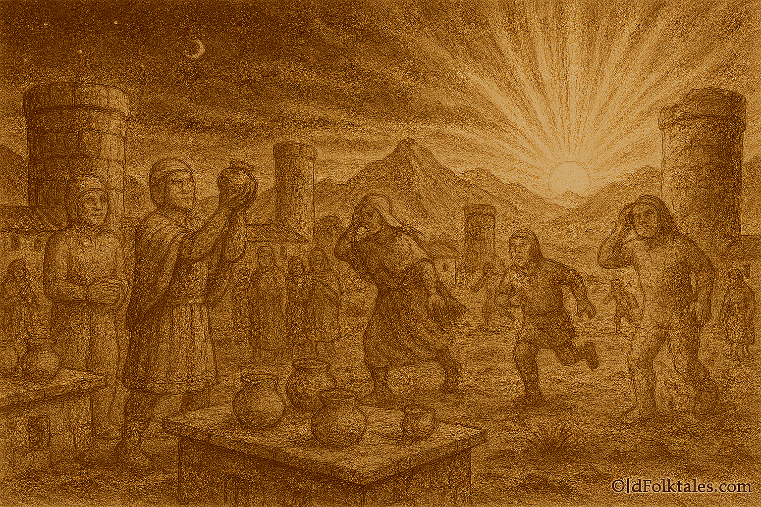 Sepia-toned illustration on aged rice parchment depicting ancient chullpa people on the Bolivian Altiplano tending stone cooking vessels atop flat-roofed buildings under a fading moon. As the first sunrise erupts on the horizon, blinding golden light turns the moon-people, their pots, and half-cooked food into stone. Burial towers and frozen figures are scattered across the plain, with distant mountains bathed in dawn light. “OldFolktales.com” is inscribed in the bottom right corner.