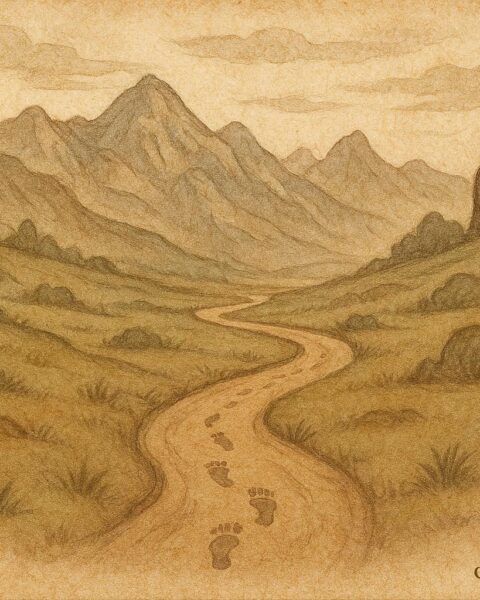 A clay path with footprints in the Andean highlands, Aymara folktale.