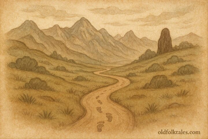 A clay path with footprints in the Andean highlands, Aymara folktale.