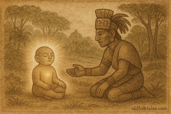 A clay woman by a river during a Maya creation legend from Guatemala.