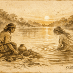 Parchment-style artwork of clay woman returning to river, Amazonian folktale.