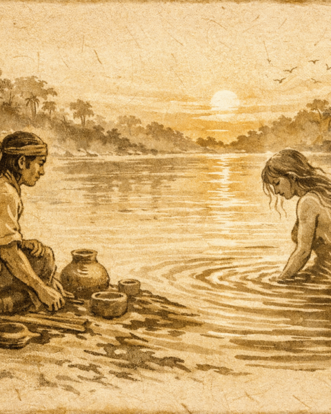 Parchment-style artwork of clay woman returning to river, Amazonian folktale.