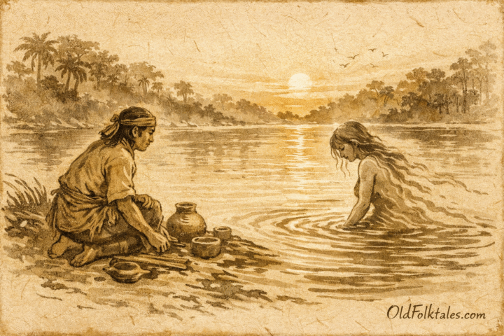 Parchment-style artwork of clay woman returning to river, Amazonian folktale.