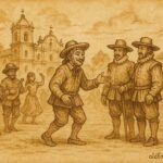 Parchment-style illustration of El Güegüense confronting colonial officials, Nicaraguan folktale scene.