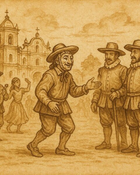 Parchment-style illustration of El Güegüense confronting colonial officials, Nicaraguan folktale scene.