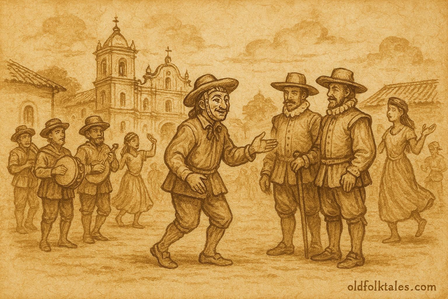Parchment-style illustration of El Güegüense confronting colonial officials, Nicaraguan folktale scene.