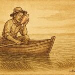 Parchment style illustration of a fisherman listening to a conch shell in Bahamian folklore.