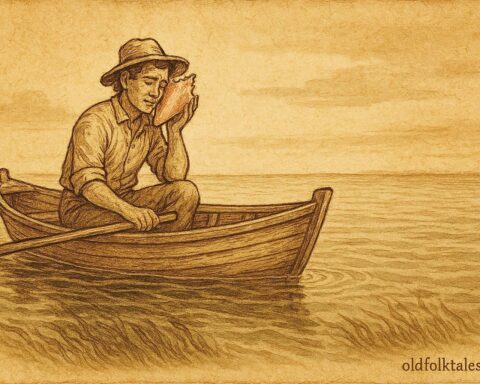 Parchment style illustration of a fisherman listening to a conch shell in Bahamian folklore.