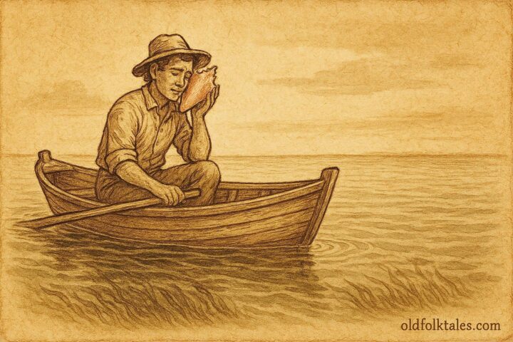 Parchment style illustration of a fisherman listening to a conch shell in Bahamian folklore.