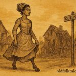 Parchment-style artwork of the Cowfoot Lady on Queen Street, Belize folktale.