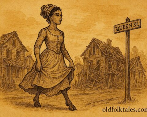 Parchment-style artwork of the Cowfoot Lady on Queen Street, Belize folktale.