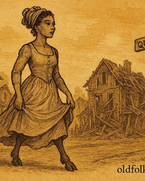 Parchment-style artwork of the Cowfoot Lady on Queen Street, Belize folktale.