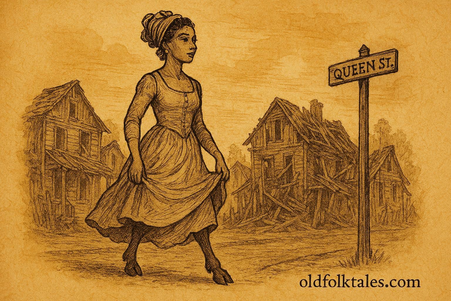 Parchment-style artwork of the Cowfoot Lady on Queen Street, Belize folktale.