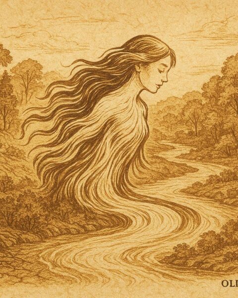 Parchment-style illustration of the Amazon River’s creation, Indigenous Peru–Brazil folktale scene.